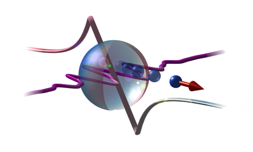 The waveform-controlled laser pulse creates a plasmon-enhanced near-field that drives the forward acceleration of an electron during its passage through the nanometer-sized metal cluster. 